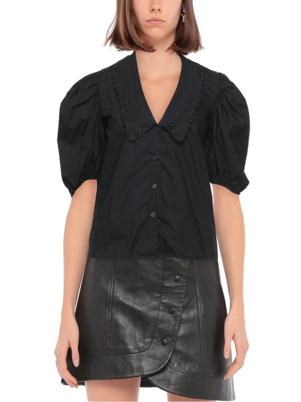 Weili Zheng black puff sleeve Peter pan collar button down top nwt